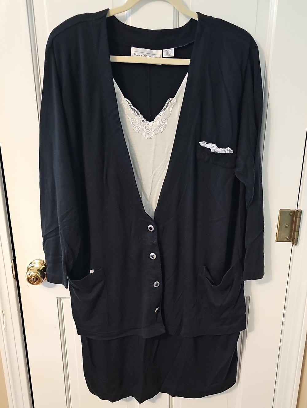 Women's Black Dress Cardigan Set with White Lace Trim